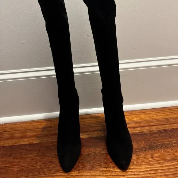 Stuart Weitzman Black Suede Gold Heel Accent Pull-on Boots, 9M - Picture 2 of 13